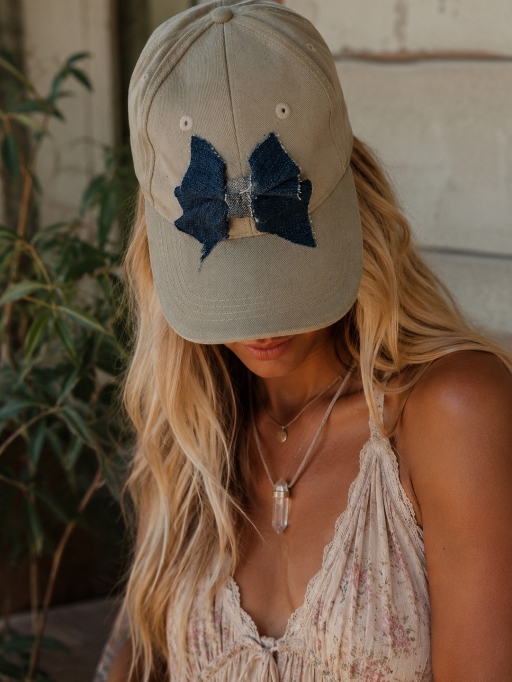 4/$15 Khaki Baseball Cap with Denim Bow Accent Women's Hat Hand Crafted Upcycle